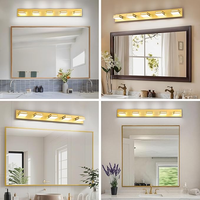 LED Modern Bathroom Light Fixtures, 5-Light 40-Inch Gold Vanity Lights for Bathroom Lighting Fixtures Over Mirror, 350° Rotatable Acrylic, 6000K Cool White Wall Lamp