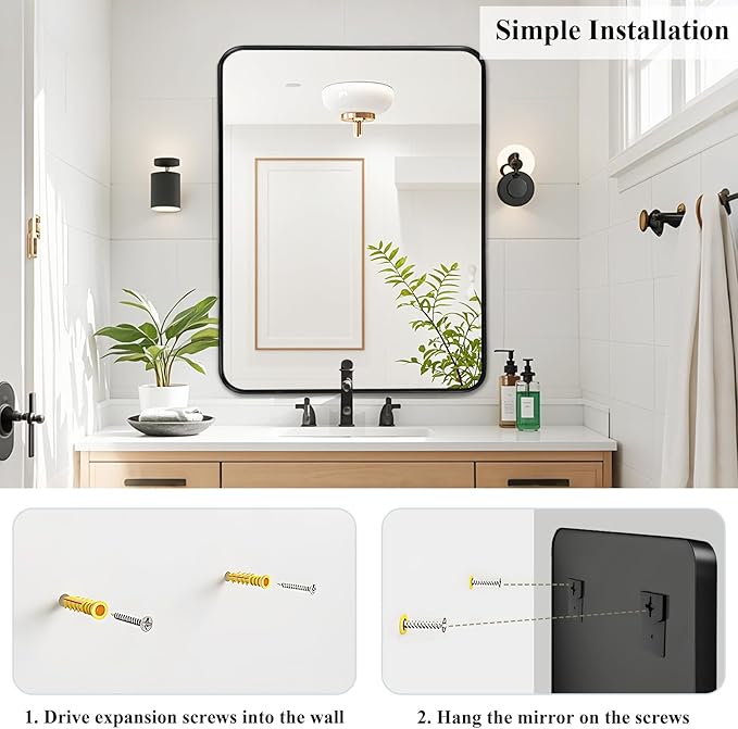 Black Bathroom Vanity Mirror Over Sink 36x30, Large Wall Rectangle Mirror | Fabuday Big Matte Metal Framed Rectangular Mirror for Living Room, Bedroom, Entryway, Home Office Decor, Wall Mounted