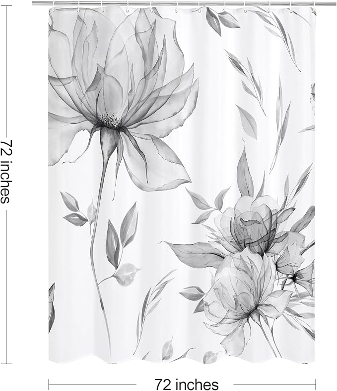Grey Boho Floral Shower Curtain, Watercolor Botanical Design, 72 x 72 | Boho Floral Design, Watercolor Ink Painting Style, Botanical Flowers & Leaves, Elegant Bathroom Accent, Fabric Cloth Curtain