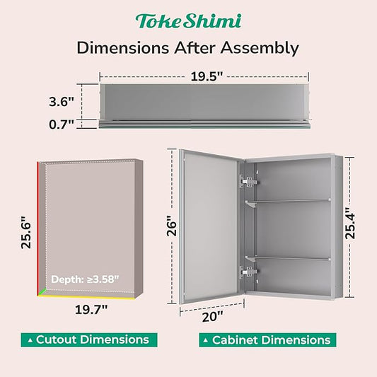 TokeShimi 20.1x26.1 Recessed Medicine Cabinet with Mirror Aluminum, Assembly Needed, Frameless, Stepless Adjustable Storage, Silver Medicine Cabinet Mirror