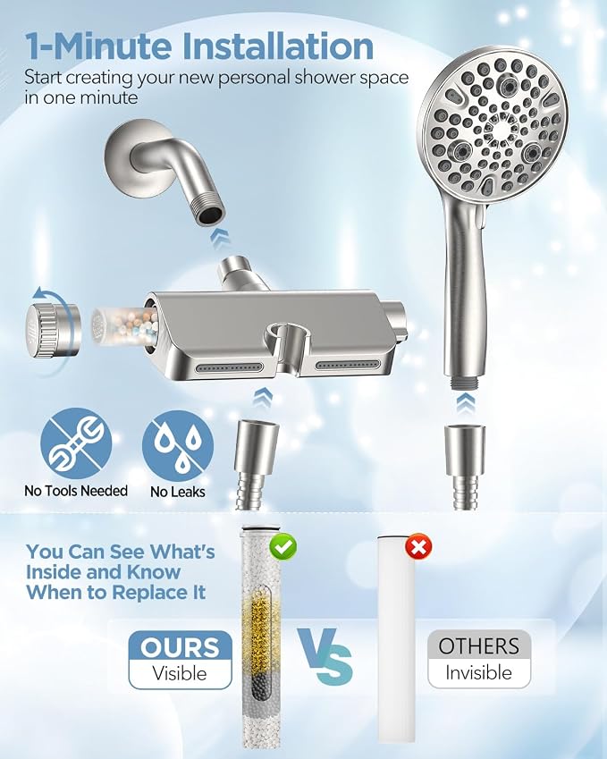 MakeFit Filtered Shower Head with Handheld Combo Brushed Nickel - Dual 2-in-1 Spa System with Massage Shower Head and 10 Modes Hand Held Showerhead, High Pressure, Buit in Power Wash Mode