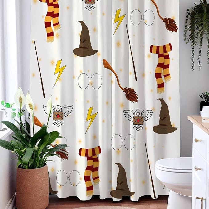 Witchy Preppy Wizard Magic Shower Curtain Kids Fantasy Set 72x72 Inches | Wizard Hat Broom Owl Scarf Magic Print, Kids Bedroom Dorm Guest Housewarming Fantasy Lover Bath Decor, With Hooks