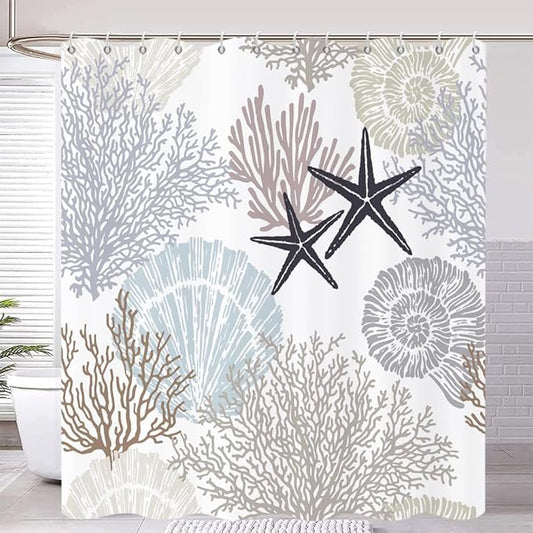 Nautical Coastal Shower Curtain, Brown Tan Blue Ocean Beach Seashell Starfish Themed Bathroom Curtain Waterproof Fabric Machine Washable with Hooks, 72" Wx72 L