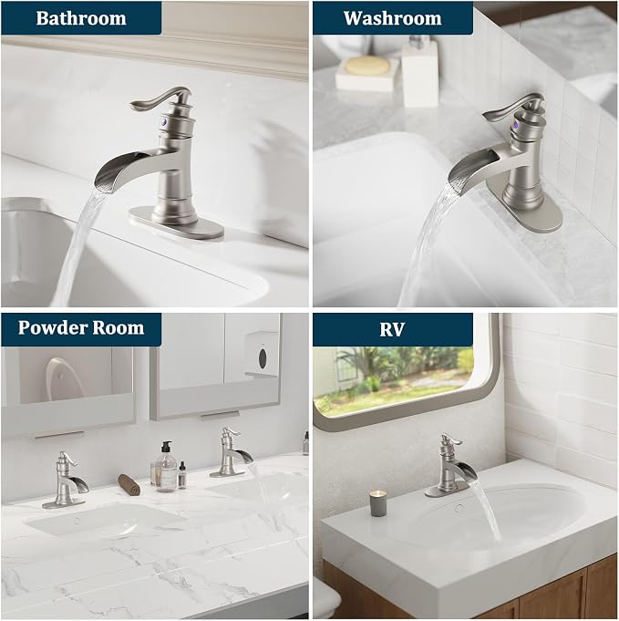 Brushed Nickel Waterfall Bathroom Faucet Single Handle Bathroom Sink Faucet | 1 Hole or 3 Hole Sink Brass Waterfall Faucet for Vintage Antique Lavatory Washroom with Pop Up Drain Deck Plate by BATHLAVISH