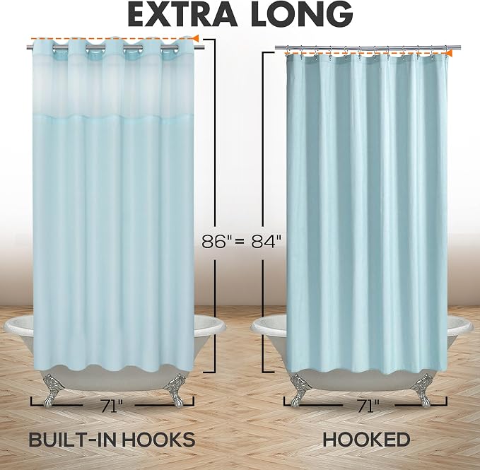 River Dream Extra Long No Hook Slub Textured Shower Curtain with Snap-in PEVA Liner Set - 71" x 86"(84"), Hotel Style with See Through Top Window, Blue Fabric Curtain & Waterproof Liner, Blue, 71x86 | 71W x 86H, Snap on/off Waterproof PEVA Liner, See T...