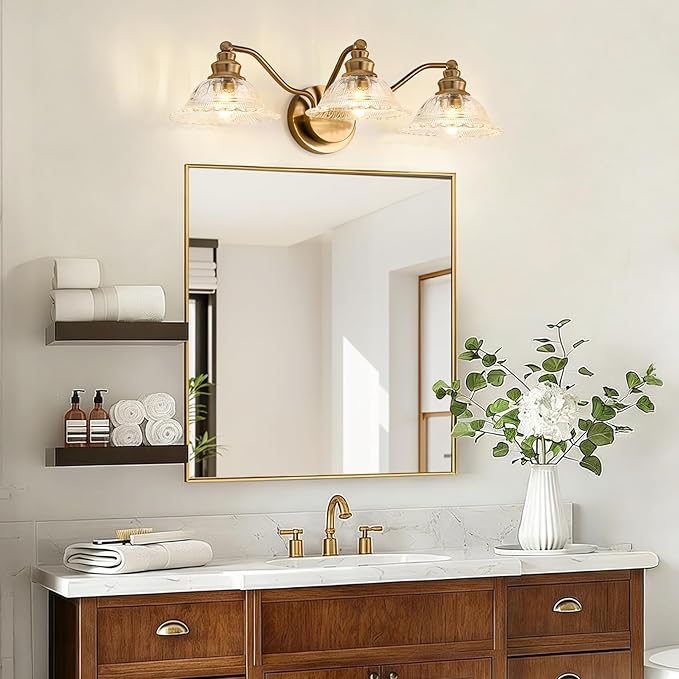 Redluck Vintage Bathroom Vanity Light Fixture, 3-Light Bathroom Lighting Fixtures Over Mirror, Antique Brass Finish with Crystal Glass Shade, Wall Sconces Lighting for Bedroom, Living Room, Hallway
