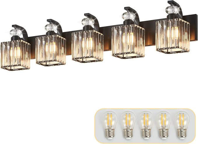 5-Light Bathroom Vanity Light Fixtures Over Mirror, Crystal Sconce | 36.3-inch Black Modern Wall Light for Bedroom Vanity Living Room Hallway, Ceramic E26 Lamp sockets, Includes 5 LED Bulbs