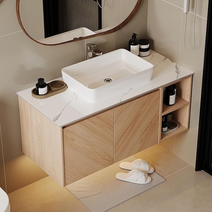 36 Inch Floating Vanity Bathroom with Single Sink, Wall-Mounted Floating Bathroom Cabinet with Sintered Stone Countertop & White Ceramic Basin, Ample Storage and Open Shelves, Light Wood