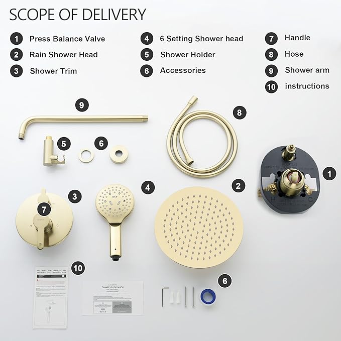 Brushed Gold Shower Faucet Set with Valve 10 Inches High Pressure Shower Head Combo Set Wall Mount Rain Shower Head System with 6 Function Handheld