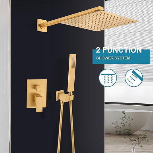 Shower Faucet Set 10 Inch Square Rain Head Brushed Gold w Handheld Sprayer & Valve