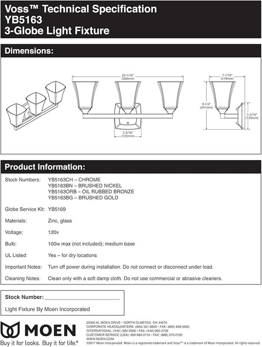 Moen YB5163NL Voss 3-Light Dual-Mount Bath Bathroom Vanity Fixture with Frosted Glass, Polished Nickel