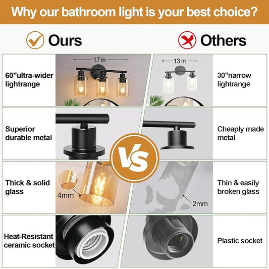Zarbitta 3-Light Bathroom Light Fixtures, Black Modern Vanity Lights with Amber Glass Shades, Bathroom Wall Lamp for Mirror Kitchen Living Room Hallway Cabinet Porch