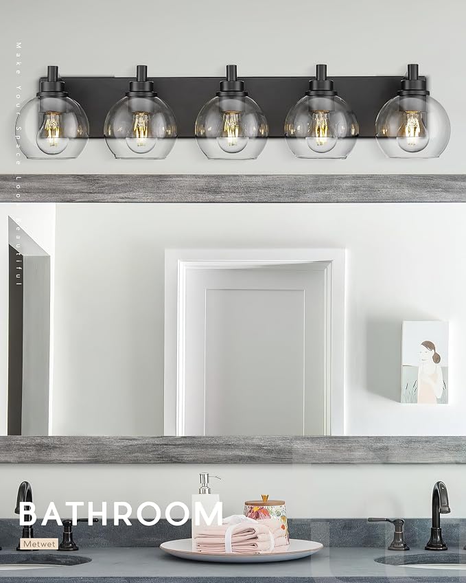 5-Light Matte Black Bathroom Vanity Light, Clear Glass Globe Shade | 32" modern bathroom light fixtures over mirror, E26 base, bulbs not included, VL195-MB-CL-5