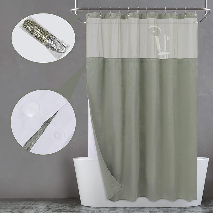 N&Y HOME Waffle Weave Shower Curtain with Snap-in Liner Sage Green, 71x72 | 12 Metal Hooks Included, Snap on Fabric Liner, Mesh Window, Washable, Hotel Style Sage Shower Curtain Set for Bathroom