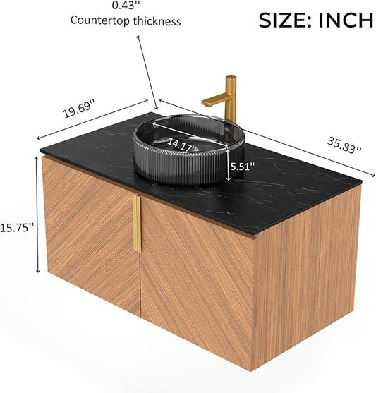 LKTART 36 Inch Bathroom Vanity with Sink, Modern Wall Mounted Bathroom Sink with 2 Doors, Black Sintered Stone Countertop and Black Round Glass Basin, Brown