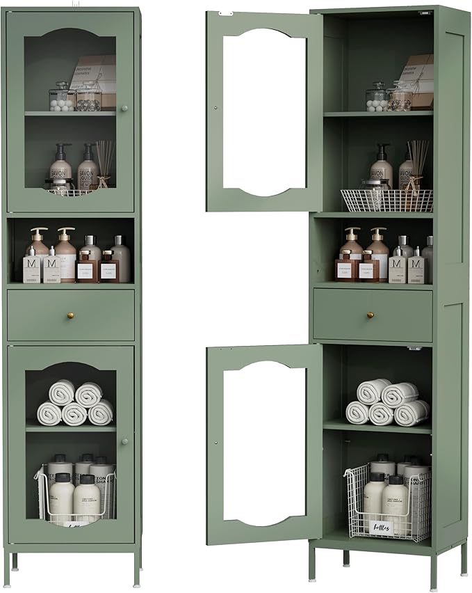 66.4" Tall Bathroom Storage Cabinet with Adjustable Shelves and Glass Doors, Anti-Tipping Narrow Cabinet, Linen Cabinet for Bathroom, Kitchen, Living Room, Olive Green