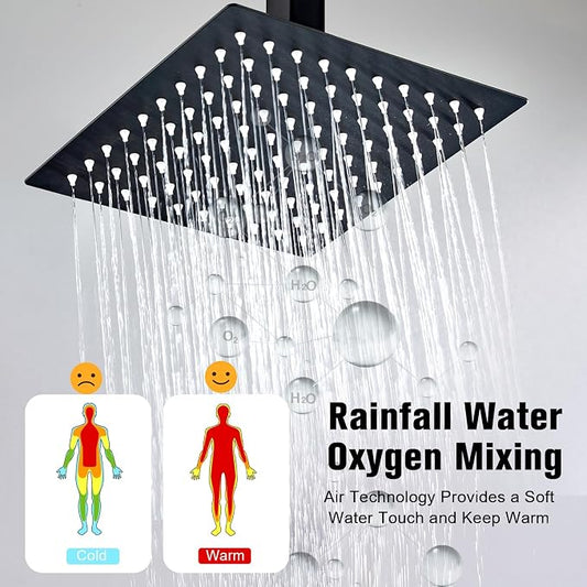 12 Inch Ceiling Mount Shower System Matte Black Rain Mixer Shower Combo Set High Pressure Rainfall Shower Head System Bathroom Luxury Shower Faucet Set Rough-in Valve and Shower Trim Included