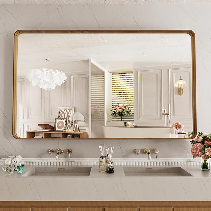 LOAAO 60X28 Inch Bathroom Mirror with Wood Grain Colored Metal Frame | Rounded Rectangle Metal Framed, Anti-Rust, Hangs Horizontally or Vertically, Tempered Glass