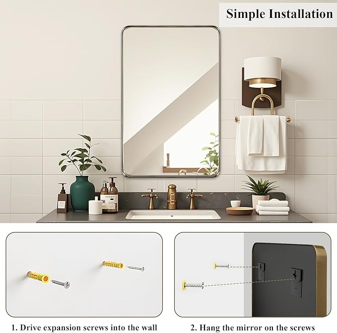 Fabuday Bathroom Mirror 36x24 Inch, Bronze Frame Rectangle Wall Mirror Over Sink - Rustic Vanity Mirror for Modern Farmhouse Decor, Heavy-Duty Hooks Included, Horizontal or Vertical Hanging