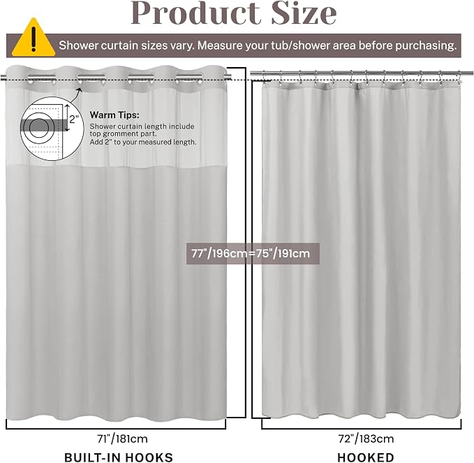 SORTTO No Hook Slub Shower Curtain with Liner, 71x77, Light Grey | Snap in Liner, 3 in 1, Bamboo Texture, Hotel Style, Waterproof Fabric, Mesh Top Window, Corner Magnets, Machine Washable