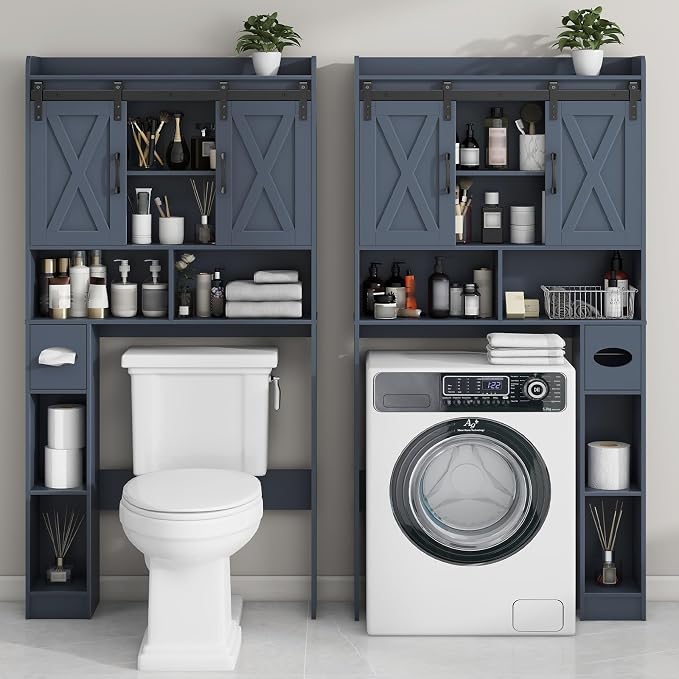 Vabches Over The Toilet Storage Cabinet with Sliding Doors, Blue | Farmhouse Storage Cabinet Over Toilet, Home Space-Saving Toilet Rack, Toilet Paper Holder Stand,for Restroom,Bathroom,Laundry