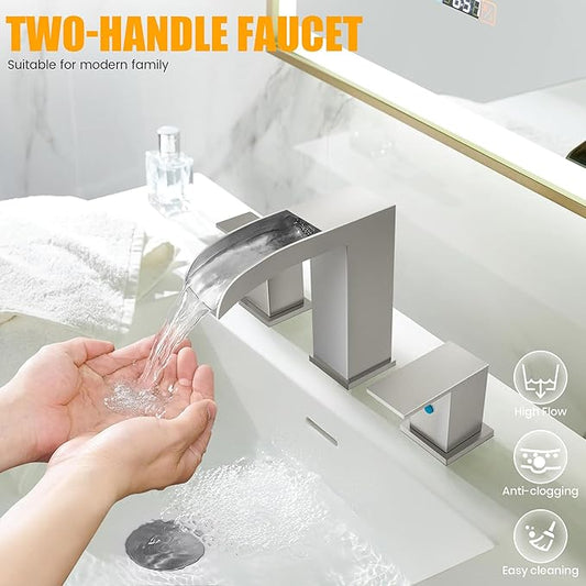 Waterfall Bathroom Faucets for Sink 3 Hole - Brushed Nickel Waterfall Bathroom Faucet 8 Inch Widespread Faucet Bathroom 2-Handles Modern Vanity Faucets with Overflow Pop Up Drain Supply Lines