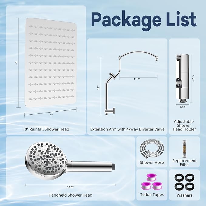 Hibbent 10'' All Metal Showerhead Combo & 10 Mode Filtered Handheld, Chrome | High Pressure Stainless Steel Showerhead, 4-way Diverter, Heightened All Metal Extension Arm, 71'' Hose & Holder, Easy Reach