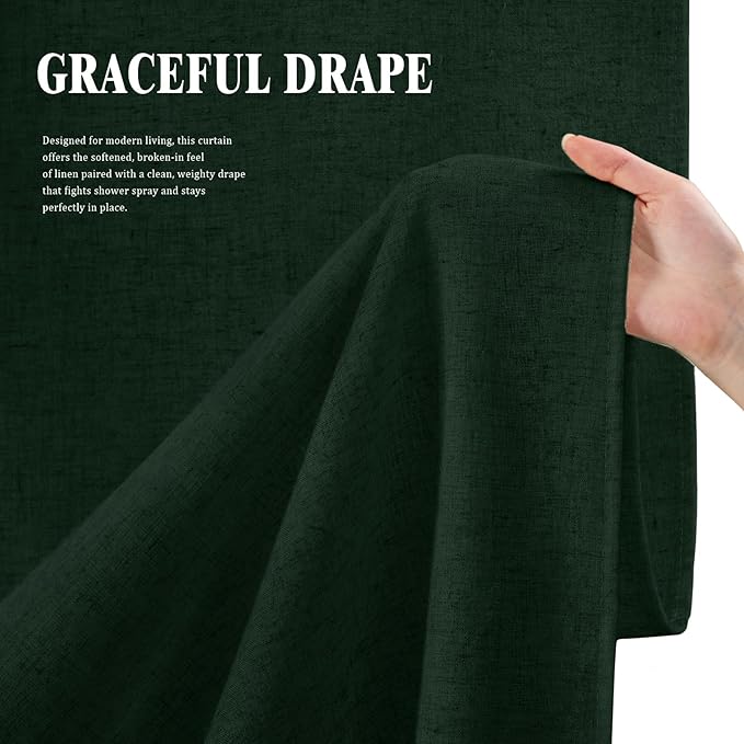 Linen Shower Curtain Dark Green, Fabric Boho Farmhouse Shower Curtains for Bathroom Cotton Natural Cloth Liner Set 72" W x 72" L
