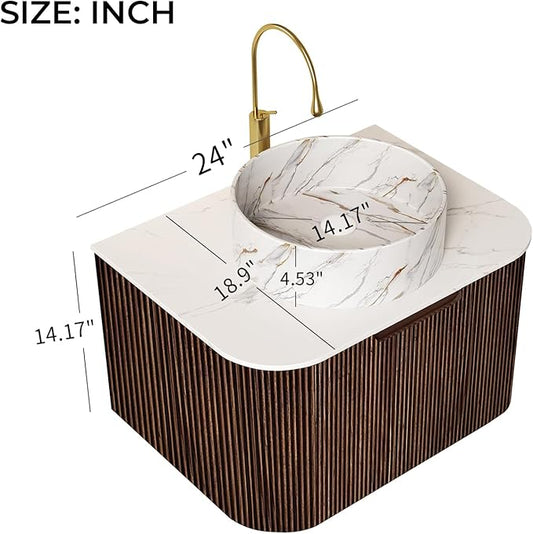 LKTART 24 Inch Floating Bathroom Vanity with Sink, Modern Wall Mounted Bathroom Storage Cabinet with Drawer, Stone Pattern Round White Ceramic Sink Top and Marble Texture Top, Walnut