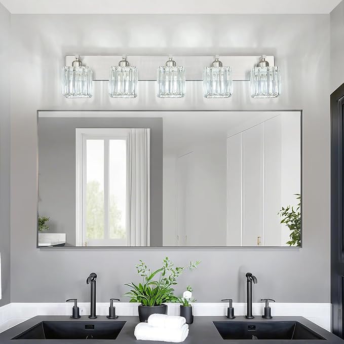 Modern Vanity Light 5-Lights Brushed Nickel Vanity Light Crystal Bathroom Wall Light Bathroom Light Fixtures