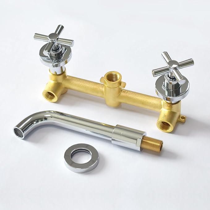 sumerain Wall Mount Bathroom Faucet,Cross 2-Handle in Modern Chrome Finish,Rough-in Valve Included