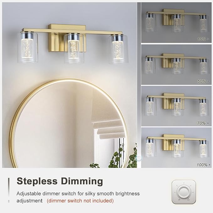 3-Light Bathroom Light Fixtures, Brushed Gold Dimmable Vanity Light with Clear Glass Shade, Crystal LED Bathroom Lights Over Mirror for Bedroom, Living Room, Hallway, Farmhouse