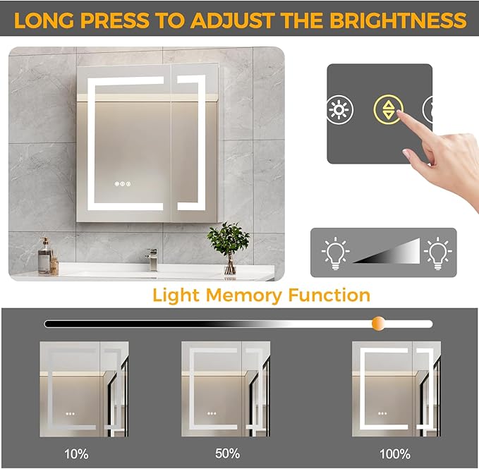 24 * 26 Bathroom Lighted Medicine Cabinet, Professional Makeup Medicine Cabinet Mirror, Large Storage LED Mirror with USBs, Stepless Dimming & Anti-Fog, 3-Color Light