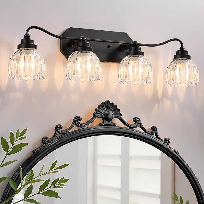 Vintage 4 Light Vanity Lights,Black Matte Antique Finish | Clear Tulip Crystal Bathroom Light Fixture, Mid Century Style, Elegant Wall Sconce Ideal for Bedroom,Hallway, Easy to install