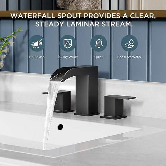 QFN Matte Black Bathroom Sink Faucet 3 Hole, 8 Inch Widespread Square Bathroom Faucet with Metal Pop-up Drain and 24" CUPC Supply Line, Lead-Free 2 Handles for Vanity, Restroom, Lavatory and Mall