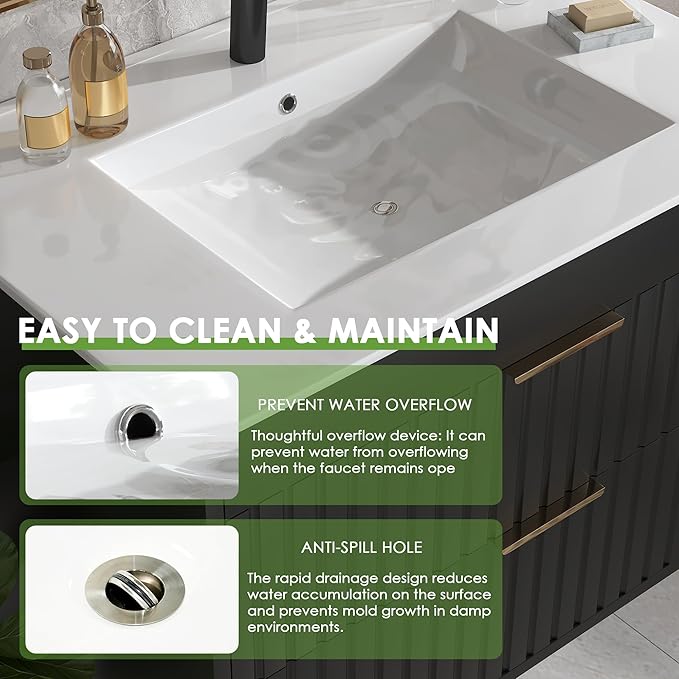 30" Bathroom Vanity with Sink, Floating Bathroom Vanity with 2 Fluted Drawers & Metal Handle, Wall Mounted Cabinets with Integrated Ceramic Sink for Apartment, Home, Black