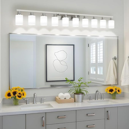 10-Light Bathroom Vanity Light Brushed Nickel,64.5in Vanity Lights with White Frosted Glass,Modern Bathroom Wall Lights Fixtures Over Mirror,Wall Sconces Lighting for Bedroom Living Room,E26