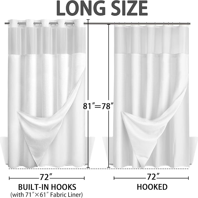 No Hook Shower Curtain with Liner Set Hotel Waffle Curtain White 72W X 81L | Washable Snap in Fabric Liner, Mesh Top Window, Waffle Hotel Style Shower Curtain Set