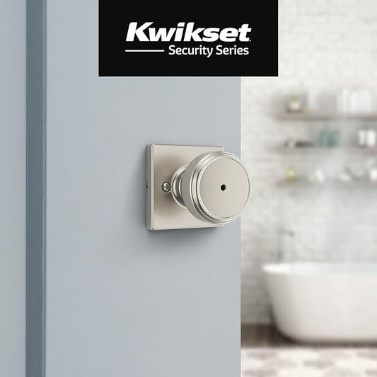 Kwikset Maven Interior Privacy Door Knob with Lock, Square Door Handle for Bathroom and Bedroom, Satin Nickel Keyless Turn Lock Doorknob, with Microban Protection