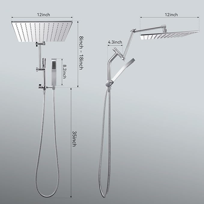 All Metal 12 Inch Rain Shower Head with Handheld Built-in Power Wash Mode, High Pressure Waterfall Rainfall Square Shower Heads with 16" Adjustable Extension Arm, Dual Showerhead(Chrome)