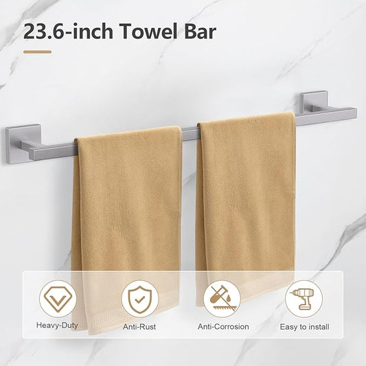 TQKAG 5-Pieces Brushed Nickel Bathroom Hardware Accessories Set 23.6" SUS304 Stainless Steel Towel Bar Set Wall Mounted Square Toilet Paper Holder with Shelf