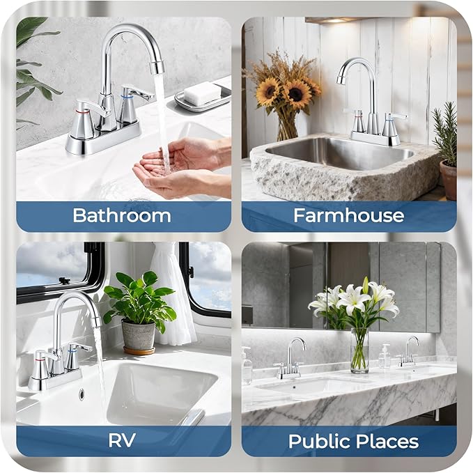 Polished Chrome Bathroom Faucet 3 Hole, 4 Inch 2-Handle Centerset Bathroom Sink Faucet, Faucet for Bathroom Sink 360° Swivel Bathroom Faucets RV Lavatory Vanity Faucet with Pop-up Drain