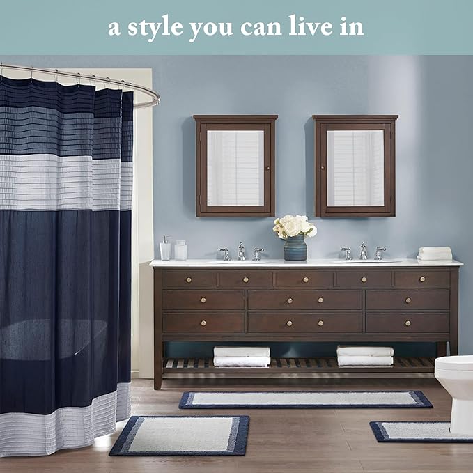 Madison Park Bathroom Shower Curtain, 72 x 84 Extra Long, Faux Silk, Blue | Modern Classic, Light Sheen, Pieced, Striped, Microfiber, Machine Washable, OEKO-TEX Certified, Amherst