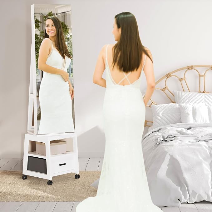 GAOMON 360° Swivel Jewelry Cabinet with LED Lights, Full-Length Mirror with Jewelry Storage, Standing Jewelry Organizer with Bottom Storage Drawer & Shelves, Lockable, Christmas Gifts, White