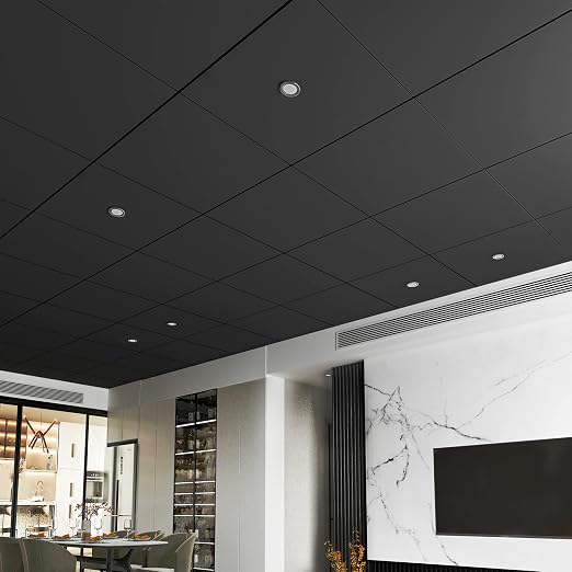 Art3d 12-Pack Smooth Drop Ceiling Tile 2ft x 2ft - Fire-Rated, Waterproof, Reusable - Premium PVC, No Sag and Breakage - Cover 48 Sq. Ft, Black | 2 x 2 ft, PVC, Waterproof, Fire-Rated, Reusable, Compatible with Grid System, Perfect for Living Room