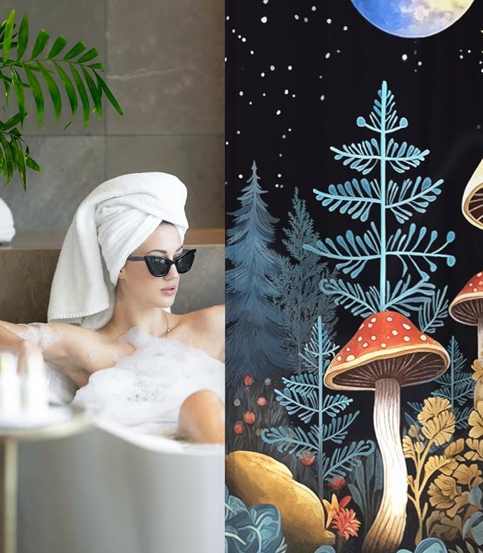 Shower Curtain for Bathroom Stall Boho Modern Cute Aesthetic Decorative Girly Waterproof Unique Mushroon Plants Girls Chic Print Design Teen Pretty Women Cortinas de Baño Bathtub 72 x72 Inch