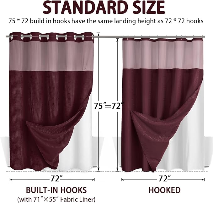 No Hook Shower Curtain with Liner Set Hotel Waffle Burgundy 72W X 75L | Washable Snap in Fabric Liner, Mesh Top Window, Waffle Hotel Style Shower Curtain Set