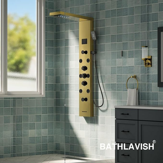 Brushed Gold Shower Panel Tower System 5 In 1 Stainless Steel Shower Tower | Rainfall Shower Panel LED and Digital Display 8 Massage Body Jets 3 Functions Handheld Showerhead for Bathroom by BATHLAVISH