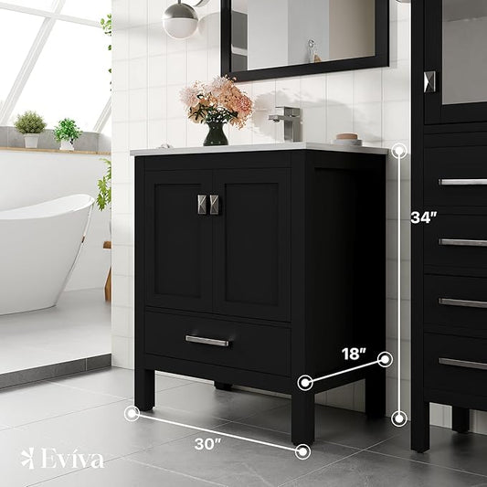 Eviva London 30 Inch Espresso Bathroom Vanity with Carrara Quartz Top