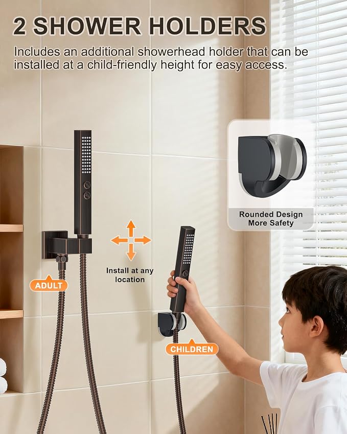 Oil Rubbed Bronze Shower System with Tub Spout, Wall Mounted Bathtub Faucet Set, 12" Rainfall Shower Head and Handheld Shower Combo, High Pressure Shower Fixtures Set with Rough-in Valve